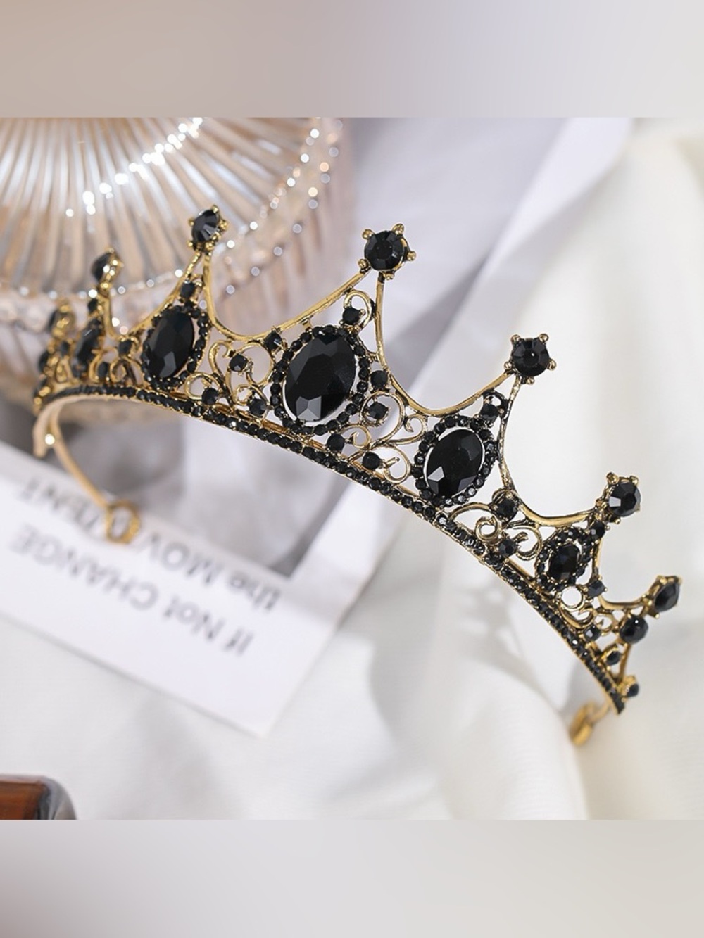 Gold Tiara Headpiece with Black Gem Accents - Women Accessories